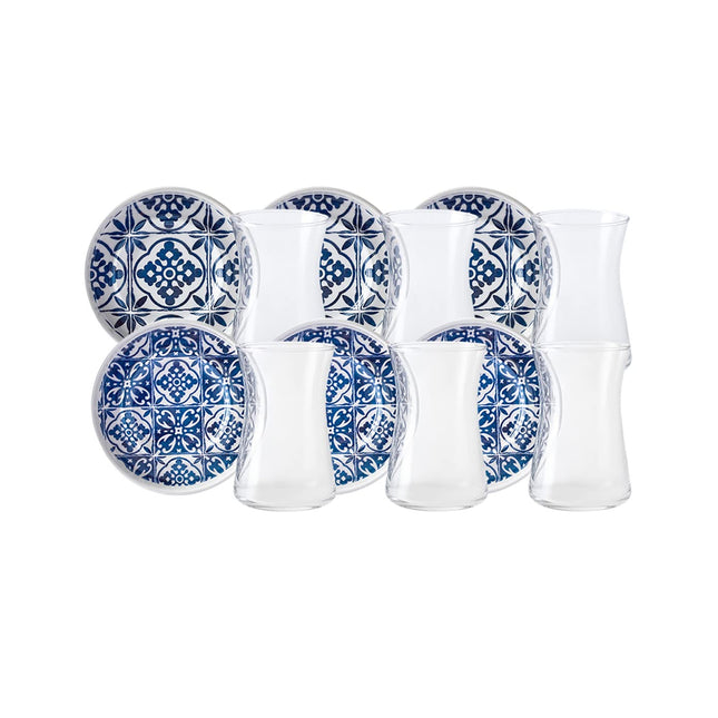 KARACA Mavili Turkish Tea Cups Set - 12 Piece Turkish Tea Glasses and Stoneware Saucers - Authentic Glass Drinking Sets for 6 People - Ideal Adult Teacup Set (170 ml)