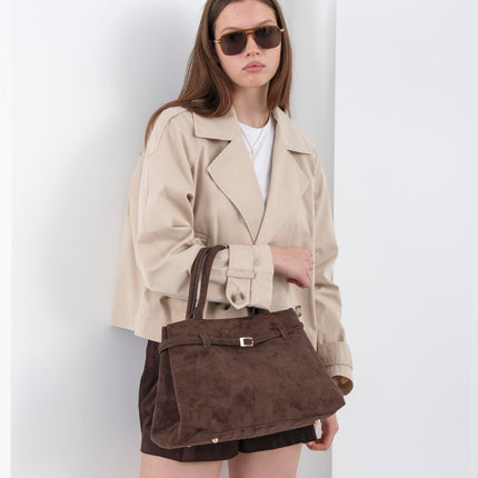 Base'ic Brown Suede Tote Bag - Vegan Brown Suede Purses for Women with Gold Hardware, Adjustable Belt, Magnetic Closure - Elegant Shoulder Bag Hobo Bag - Stylish Brown Purse - Work Bag, City Bag