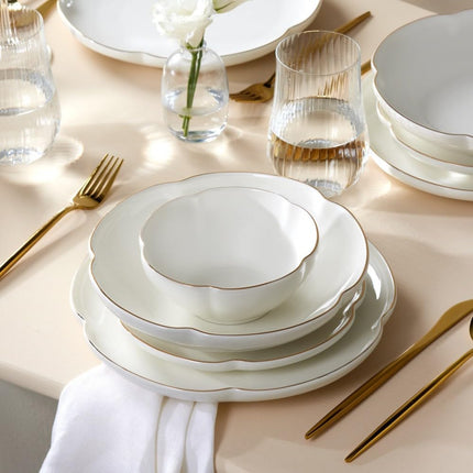 Karaca Flora Dinnerware Sets for 6 People, Modern Floral Design with Gold Trim Bone China Dinner Set, Kitchen Plates Bowls Set, Bone China, 24-Piece, White