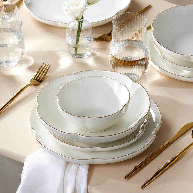 Karaca Flora Dinnerware Sets for 6 People, Modern Floral Design with Gold Trim Bone China Dinner Set, Kitchen Plates Bowls Set, Bone China, 24-Piece, White