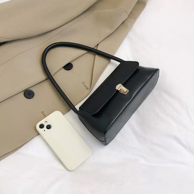 Base'ic Women's Vegan Leather Bag – Elegant Small Shoulder Purse with Lock Closure (Black)