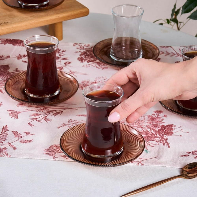 Karaca Juliet Turkish Tea Cups Set of 12, 170ml/5.74oz Turkish Tea Glasses with Brown Detail Saucers for 6 People, Ideal Glass Set for Mother's Day and Housewarming