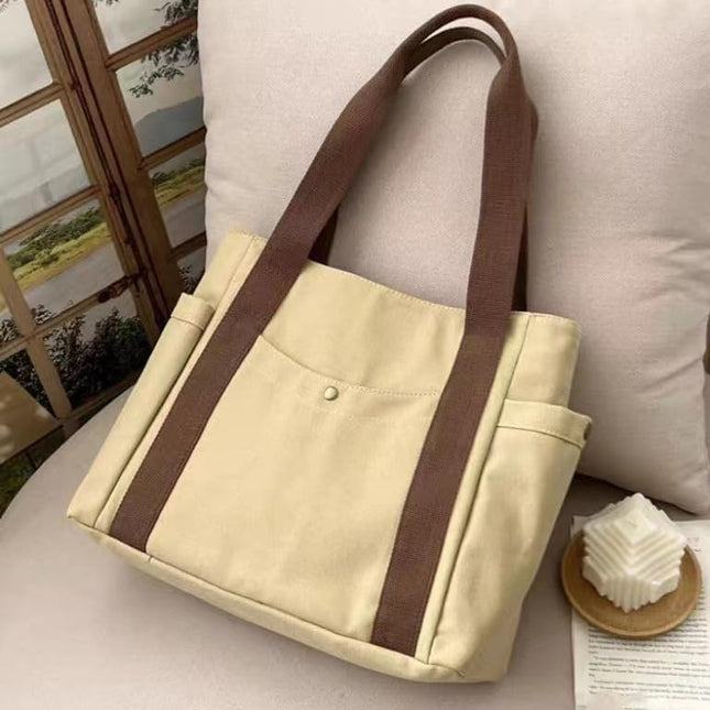 Base'ic Women's Canvas Tote Bag – Large Cotton Shoulder Handbag with Multiple Pockets, Reusable Casual Shopping Bag for Daily Use (Khaki)