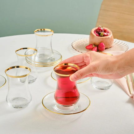 KARACA Sydney 12-Piece Glass Turkish Tea Set for 6 People, Gold, Tea Service, 6 Turkish Tea Glasses with Saucers, 12 Pieces, Glass, Tea Plates/Saucers