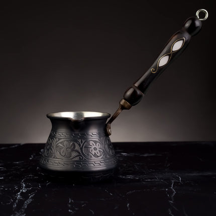 BCS 12 Oz Copper Turkish Greek Arabic Coffee Pot with Wooden Handle (4 servings) Cezve Ibrik Briki Stovetop Coffee Maker (Includes Wooden Spoon)