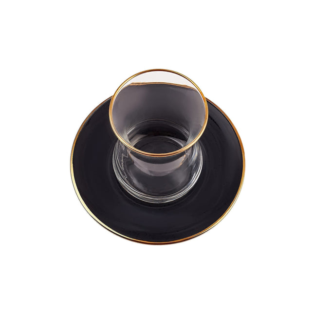 KARACA Retro Anthracite Tea Set for 6, 6 Turkish Tea Glasses, 12 Pcs, Gold Decal Details