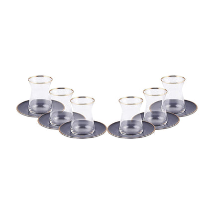 KARACA Retro Anthracite Tea Set for 6, 6 Turkish Tea Glasses, 12 Pcs, Gold Decal Details