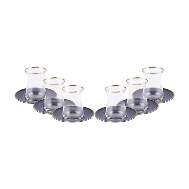 KARACA Retro Anthracite Tea Set for 6, 6 Turkish Tea Glasses, 12 Pcs, Gold Decal Details