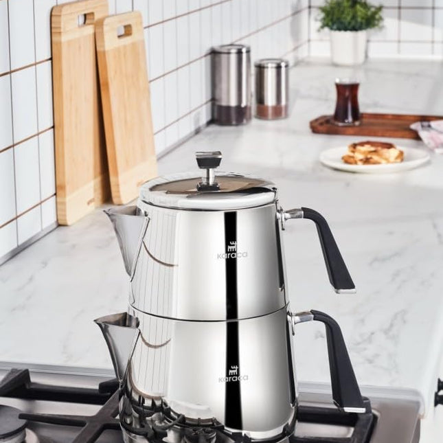 Karaca Fiona Stainless Steel Turkish Teapot Set, 1L Tea Pot &amp; 2L Water Tank (Kettle), Stove Top/Induction Compatible, Elegant Silver Design, Easy to Clean, Non-Flammable Handles