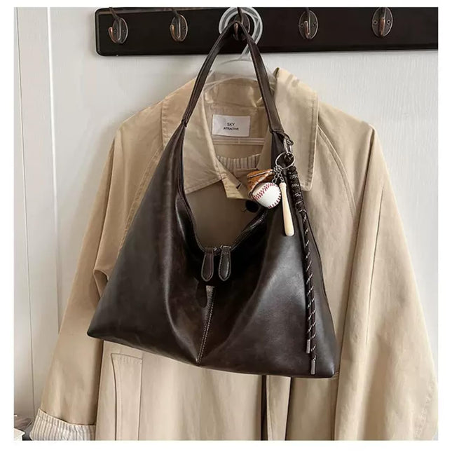 Base'ic Women's Vintage Hobo Vegan Leather Shoulder Bag – Large Capacity Crossbody Purse with Baseball Charm (Dark Brown)