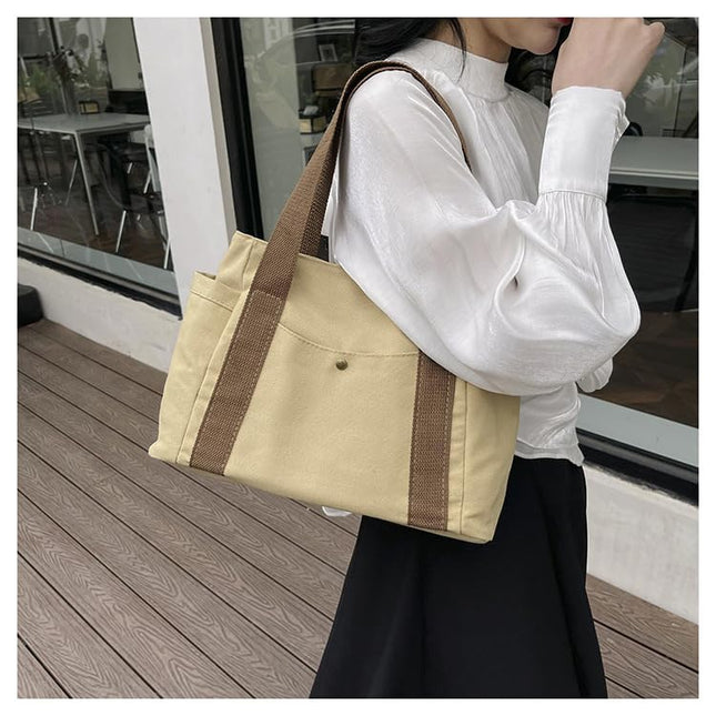 Base'ic Women's Canvas Tote Bag – Large Cotton Shoulder Handbag with Multiple Pockets, Reusable Casual Shopping Bag for Daily Use (Khaki)