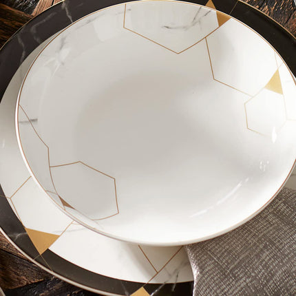 Karaca Blue Gem Bone China Dinner Service Set for 6 People - 24-Piece Dinnerware Set with Plate and Bowl Set, Round Dinnerware Set, Black, White &amp; Gold Dinner Set