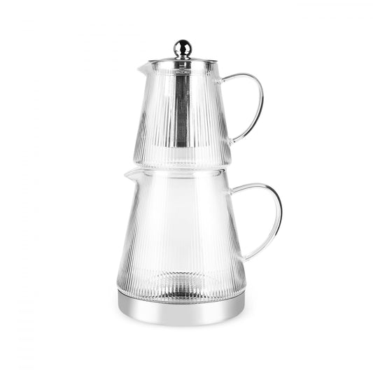 Karaca Keops XL Borosilicate Glass Teapot with Infuser and Lid for Stovetop, Transparent Silver, 1L Tea Pot & 2L Tea Kettle Set for Loose Leaf & Herbal, Dishwasher Safe