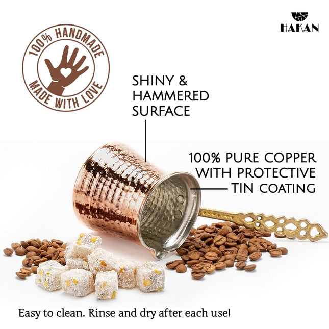 Hakan Turkish Coffee Pot | Stove Top Water Boiler, Coffee Maker, Butter, Chocolate &amp; Milk Warmer | Even and Quick Heat with Handcrafted Copper Material | Coffee Gifts Idea, 5 Oz (150 cc)
