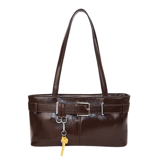 Base'ic Women's Vegan Leather Shoulder Bag with Belted Detail &amp; Key Charm – Medium Tote Handbag for Everyday, Work &amp; Travel (Dark Brown)