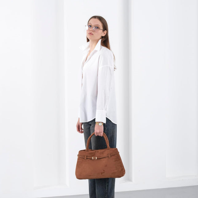 Base'ic Brown Suede Tote Bag - Vegan Brown Suede Purses for Women with Gold Hardware, Adjustable Belt, Magnetic Closure - Elegant Shoulder Bag Hobo Bag - Stylish Brown Purse - Work Bag, City Bag