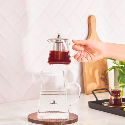 Karaca Giza Borosilicate Glass Teapot with Infuser and Lid for Stovetop, Transparent, 0.45.L Tea Pot &amp; 1.5L Tea Kettle Set for Loose Leaf &amp; Herbal, Dishwasher Safe