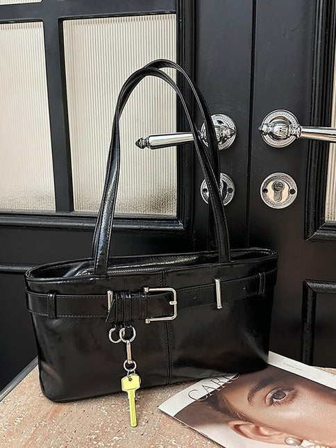 Base'ic Women's Vegan Leather Shoulder Bag with Belted Detail &amp; Key Charm – Medium Tote Handbag for Everyday, Work &amp; Travel (Black)