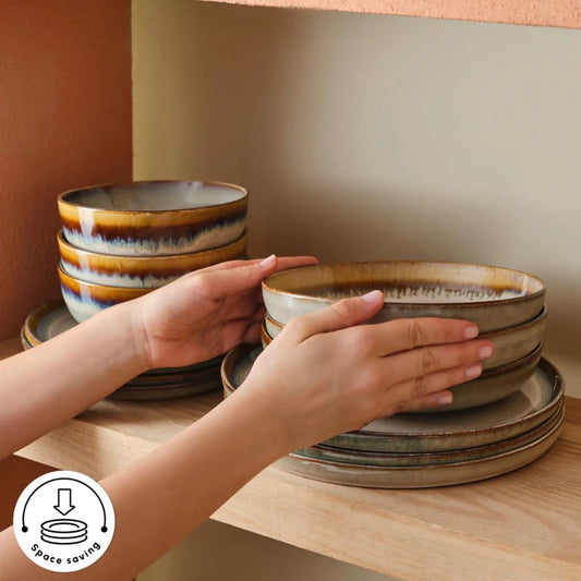Karaca Earthy Stoneware Plates and Bowls Set, Reactive Glaze Dinner Set, Complete Kitchen Tableware Collection, Ideal Dinnerware for 12 People Dining Experience, Dishwasher Safe, 52 Piece