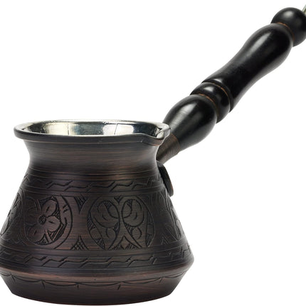 DEMMEX Thickest Engraved Solid Copper Turkish Coffee Pot – Stovetop Greek, Arabic Coffee Maker, Cezve, Ibrik, Briki – Wooden Handle &amp; Spoon - Handmade in Turkey (Antique Copper, 9 fl Oz (3ppl))
