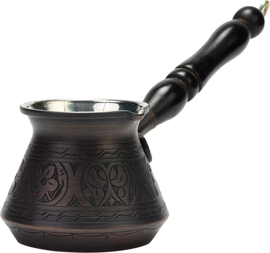 DEMMEX Thickest Engraved Solid Copper Turkish Coffee Pot – Stovetop Greek, Arabic Coffee Maker, Cezve, Ibrik, Briki – Wooden Handle & Spoon - Handmade in Turkey (Antique Copper, 9 fl Oz (3ppl))