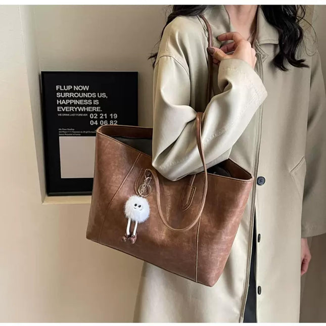 Base'ic Women's Large Vegan Leather Tote Bag – Shoulder Handbag with Inner Pocket &amp; Decorative Charm, Work &amp; Travel Purse (Light Brown)