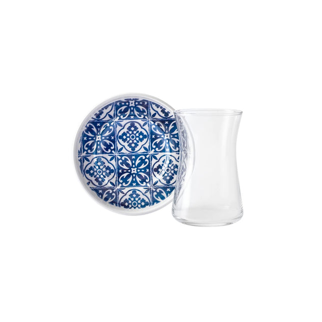 KARACA Mavili Turkish Tea Cups Set - 12 Piece Turkish Tea Glasses and Stoneware Saucers - Authentic Glass Drinking Sets for 6 People - Ideal Adult Teacup Set (170 ml)