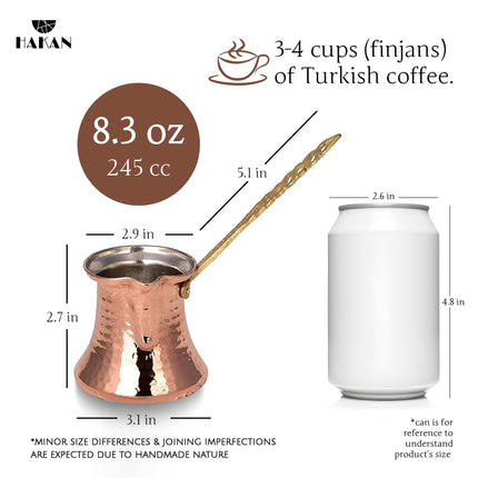 Hakan Turkish Coffee Pot | Stove Top Water Boiler, Coffee Maker, Butter, Chocolate &amp; Milk Warmer | Even and Quick Heat with Handcrafted Copper Material | Coffee Gifts Idea, 8.3 Oz (245 cc)