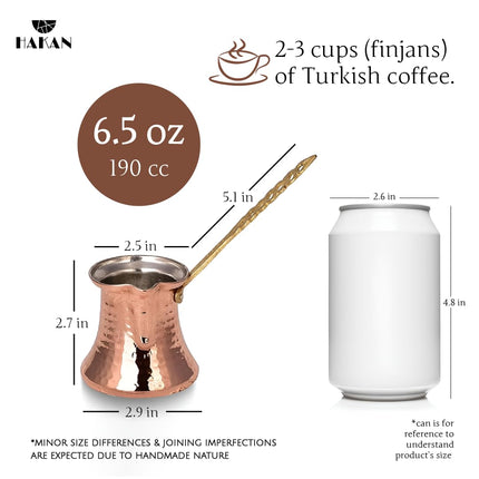Hakan Turkish Coffee Pot | Stove Top Water Boiler, Coffee Maker, Butter, Chocolate &amp; Milk Warmer | Even and Quick Heat with Handcrafted Copper Material | Coffee Gifts Idea, 6.5 Oz (190 cc)