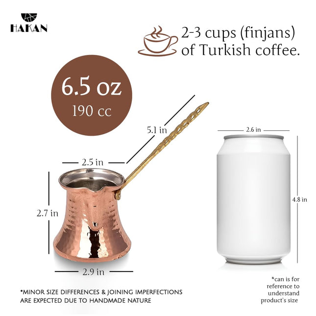 Hakan Turkish Coffee Pot | Stove Top Water Boiler, Coffee Maker, Butter, Chocolate &amp; Milk Warmer | Even and Quick Heat with Handcrafted Copper Material | Coffee Gifts Idea, 6.5 Oz (190 cc)