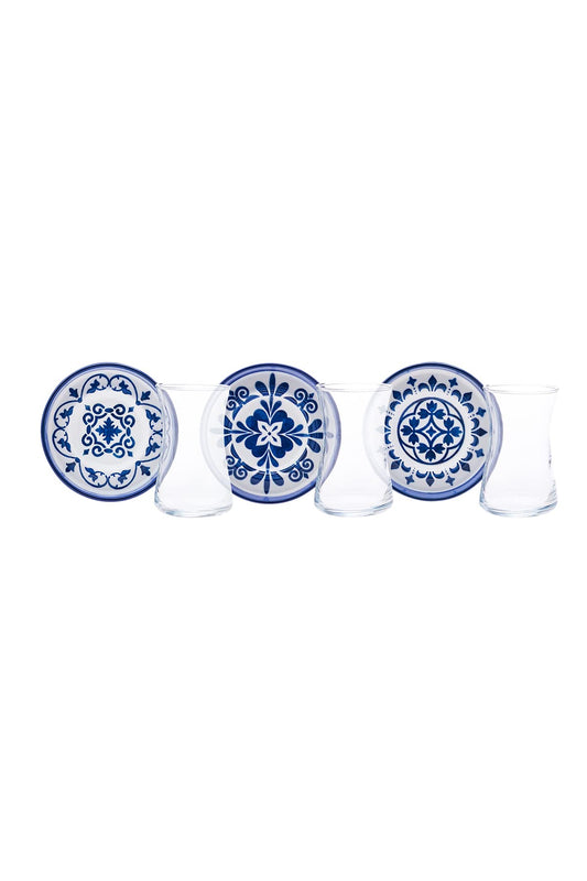 Karaca Zeher Blue Tea Service Set for 6 Person, Tea Glasses Set, 12 Pieces, Turkish Tea, Tea Glasses with Stoneware Saucers