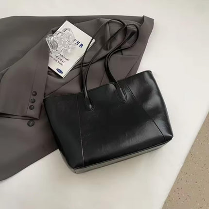 Base'ic Women's Large Vegan Leather Tote Bag – Shoulder Handbag with Inner Pocket &amp; Decorative Charm, Work &amp; Travel Purse (Black)