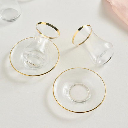 KARACA Sydney 12-Piece Glass Turkish Tea Set for 6 People, Gold, Tea Service, 6 Turkish Tea Glasses with Saucers, 12 Pieces, Glass, Tea Plates/Saucers