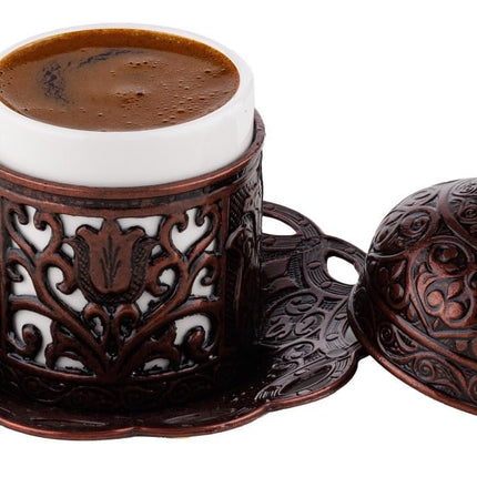 DEMMEX Turkish Greek Arabic Coffee Making and Serving Full Set with Cups, Saucers, Lids, Sugar Bowl, Tray and Antiqued Copper Coffee Pot, 12 Pcs (Chocolate)