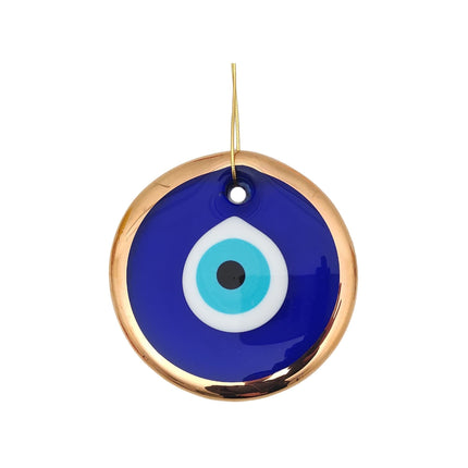 Erbulus 3.5" Glass Blue Evil Eye Wall Hanging Gold Ornament - Turkish Nazar Bead - Home Protection Charm - Gold Wall Decor Amulet in a Box (Medium)