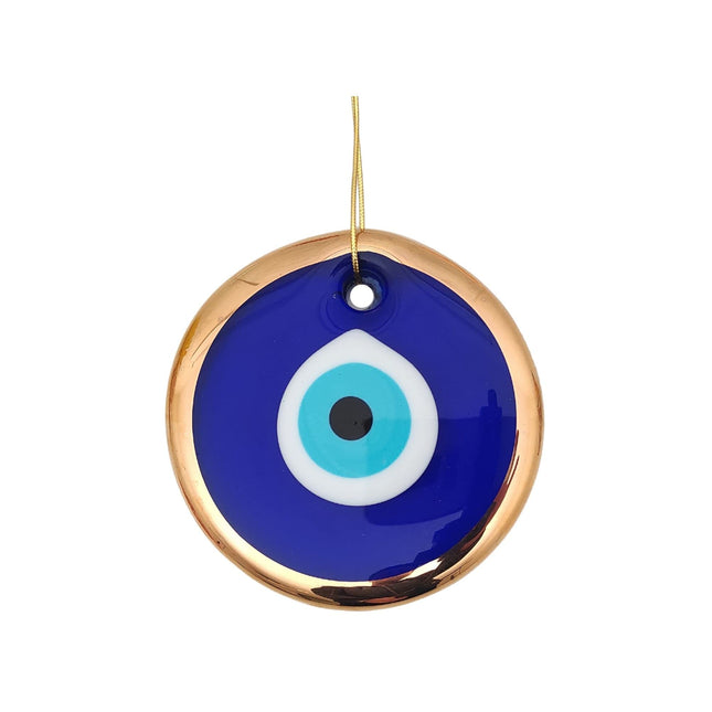 Erbulus 3.5" Glass Blue Evil Eye Wall Hanging Gold Ornament - Turkish Nazar Bead - Home Protection Charm - Gold Wall Decor Amulet in a Box (Medium)