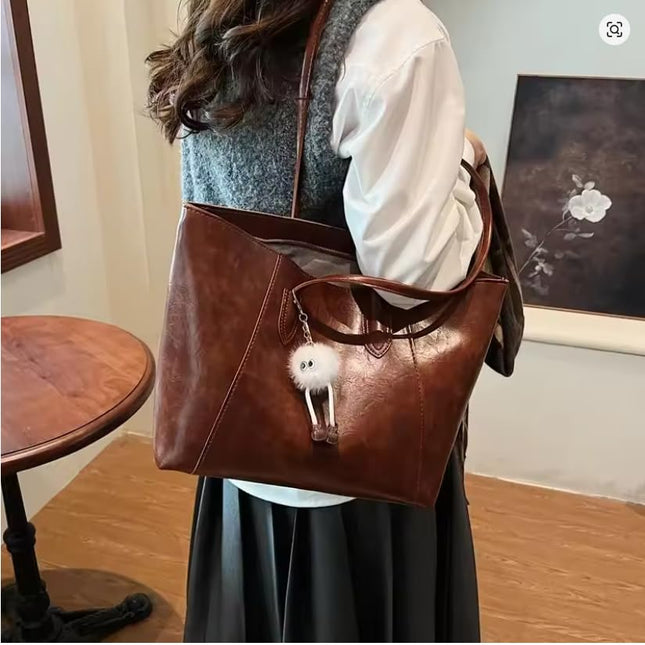 Base'ic Women's Large Vegan Leather Tote Bag – Shoulder Handbag with Inner Pocket &amp; Decorative Charm, Work &amp; Travel Purse (Brown)