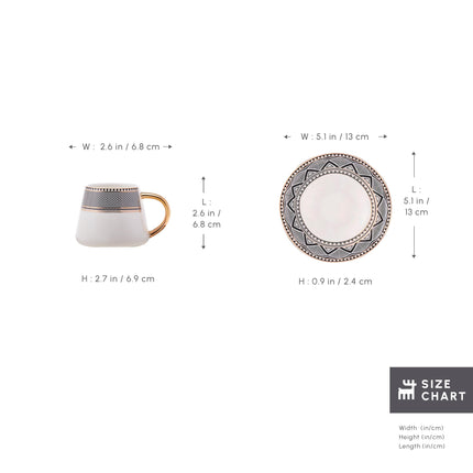 KARACA Globe Turkish Coffee Cup Set of 6, 80ml, 2.7 oz, Small Espresso Cups with Saucers, Porcelain, Black Patterns, and Gold Handles, Ideal for Serving Greek, Arabic Coffee