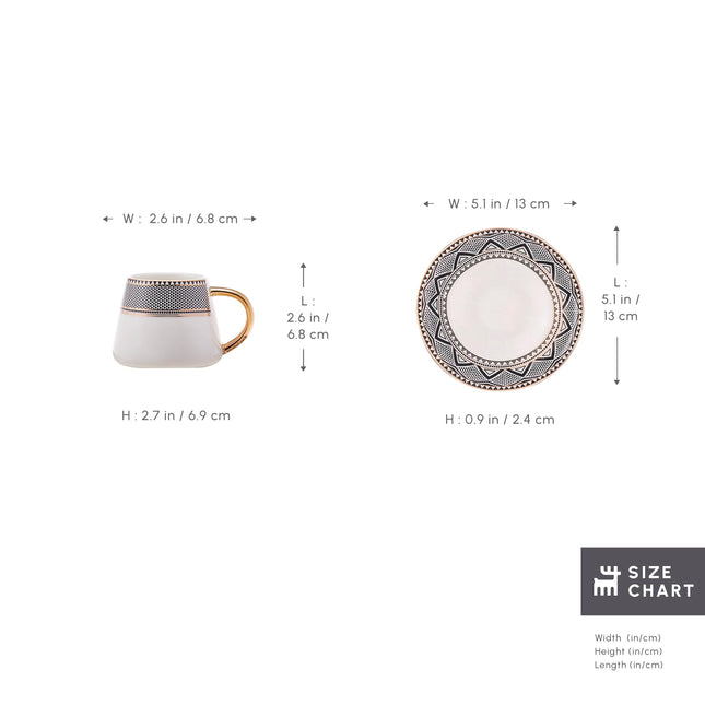 KARACA Globe Turkish Coffee Cup Set of 6, 80ml, 2.7 oz, Small Espresso Cups with Saucers, Porcelain, Black Patterns, and Gold Handles, Ideal for Serving Greek, Arabic Coffee
