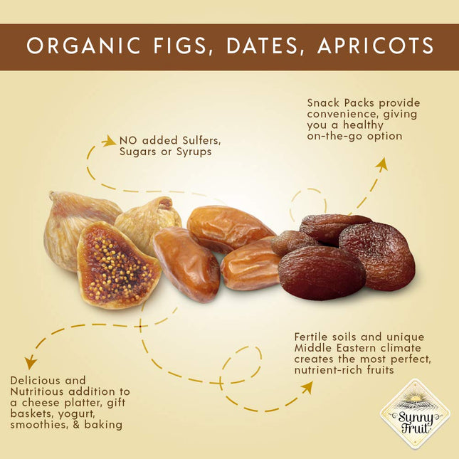 Sunny Fruit Organic Dried Fruit Assortment - Dates, Figs & Apricots Variety, 3 Bags (15 Individual Portion Packs) | ORGANIC, NON-GMO, VEGAN, HALAL, KOSHER, NO PRESERVATIVES, NO SUGAR ADDED