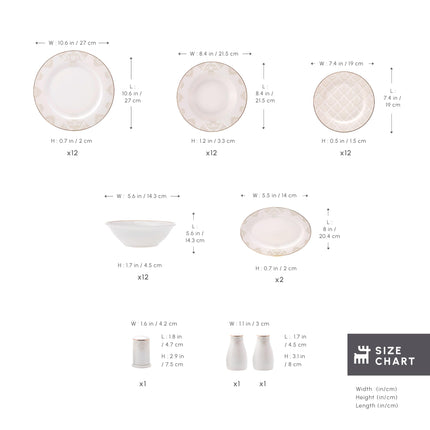 Karaca Siena Porcelain Plates and Bowls Set with Dinner &amp; Dessert Plates, Salt &amp; Pepper Shakers - Bone China Dishware Sets - Kitchen Dinnerware Set for 12 People (53-Piece, White Dish Set)