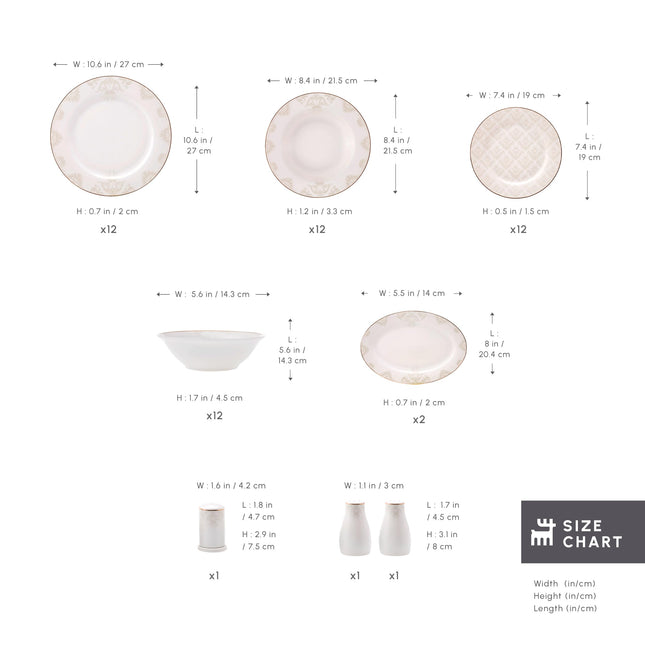 Karaca Siena Porcelain Plates and Bowls Set with Dinner &amp; Dessert Plates, Salt &amp; Pepper Shakers - Bone China Dishware Sets - Kitchen Dinnerware Set for 12 People (53-Piece, White Dish Set)