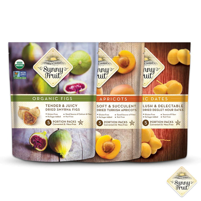 Sunny Fruit Organic Dried Fruit Assortment - Dates, Figs & Apricots Variety, 3 Bags (15 Individual Portion Packs) | ORGANIC, NON-GMO, VEGAN, HALAL, KOSHER, NO PRESERVATIVES, NO SUGAR ADDED