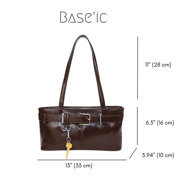Base'ic Women's Vegan Leather Shoulder Bag with Belted Detail &amp; Key Charm – Medium Tote Handbag for Everyday, Work &amp; Travel (Dark Brown)