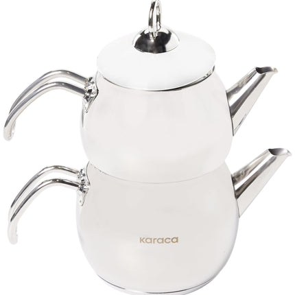 Karaca Adelya Stainless Steel Induction Teapot Set with 0.65L Teapot &amp; 1.1L Tea Kettle, Traditional Turkish Tea Set Brewing System, Dishwasher Safe, Silver