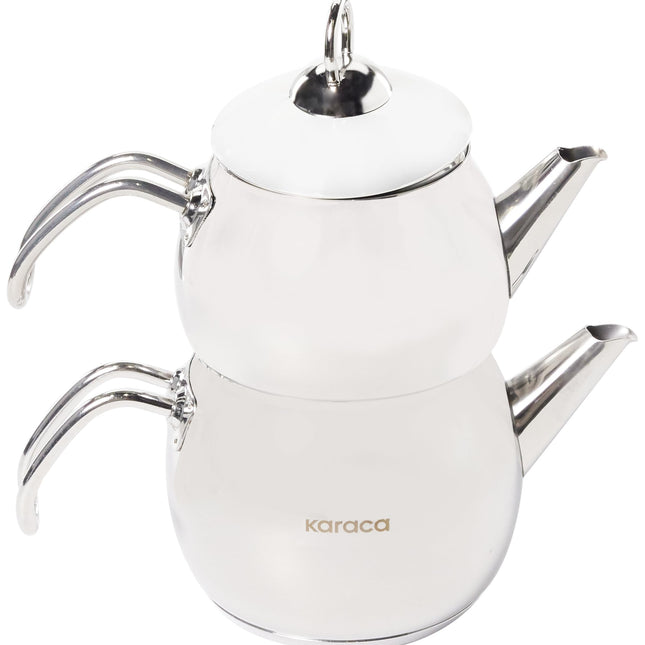 Karaca Adelya Stainless Steel Induction Teapot Set with 0.65L Teapot &amp; 1.1L Tea Kettle, Traditional Turkish Tea Set Brewing System, Dishwasher Safe, Silver