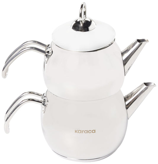 Karaca Adelya Stainless Steel Induction Teapot Set with 0.65L Teapot & 1.1L Tea Kettle, Traditional Turkish Tea Set Brewing System, Dishwasher Safe, Silver