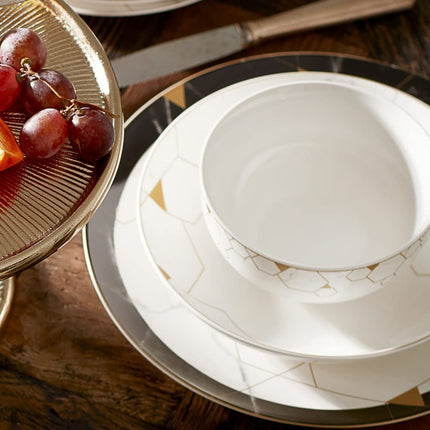 Karaca Blue Gem Bone China Dinner Service Set for 6 People - 24-Piece Dinnerware Set with Plate and Bowl Set, Round Dinnerware Set, Black, White &amp; Gold Dinner Set