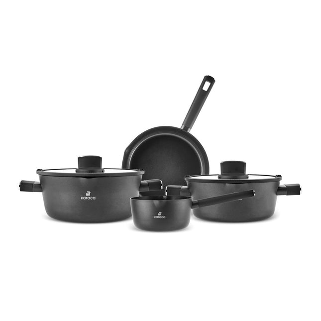 Karaca Swiss Crystal Ceramic Midnight Cookware Set - Non Stick Pots and Pans Set with Lid - PFAS-Free, Dishwasher Safe, Induction Hob Compatible Cookware, Black, 6 Piece