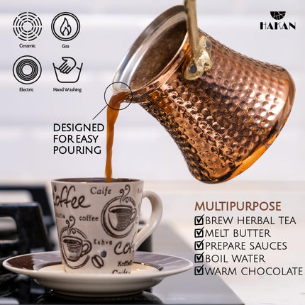 Hakan Turkish Coffee Pot | Stove Top Water Boiler, Coffee Maker, Butter, Chocolate &amp; Milk Warmer | Even and Quick Heat with Handcrafted Copper Material | Coffee Gifts Idea, 10.5 Oz (310 cc)